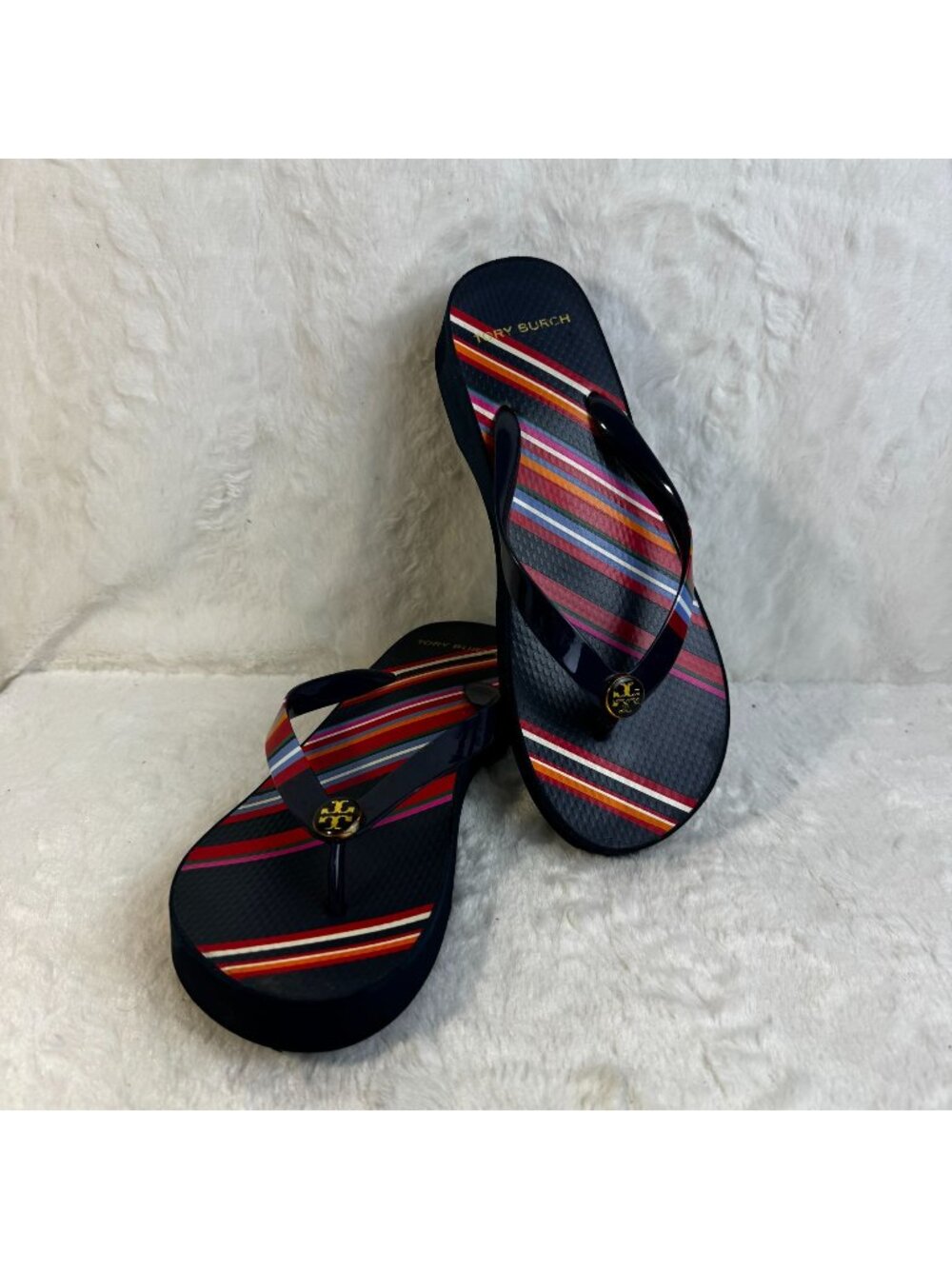 Tory Burch Striped Flip Flops "Medley Stripe" Gold Logo Navy/Multicolor Platform
